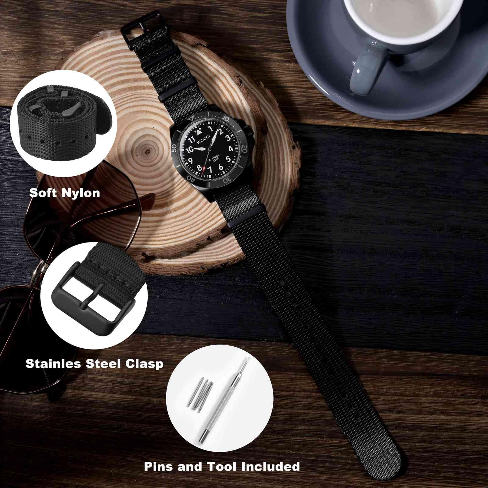 WOCCI Militär Nylon Uhrenarmbänder, Einteiliges Ersatzarmband aus Ballistischem Nylon für Damen und Herren, Kompatibler Uhrenanstoß 16mm 18mm 20mm 22mm