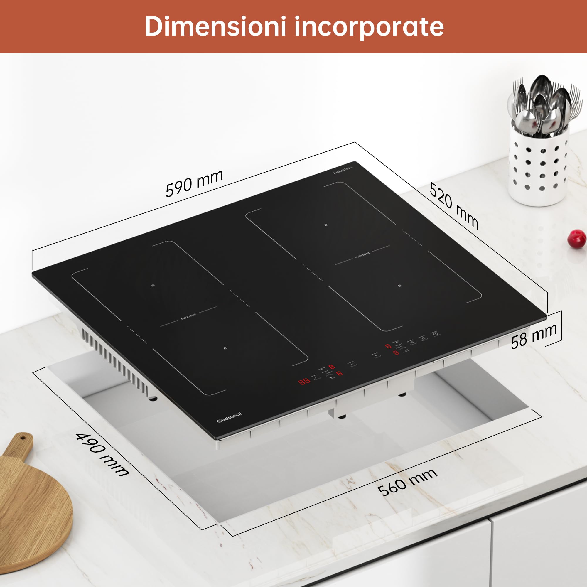 Piano Cottura a Induzione 4 Fuochi, 7200W, Funzione Dual Flex-Zone, Riscaldamento Continuo a Bassa Potenza, Riscaldamento Uniforme, Sicurezza Avanzata, Timer e Booster