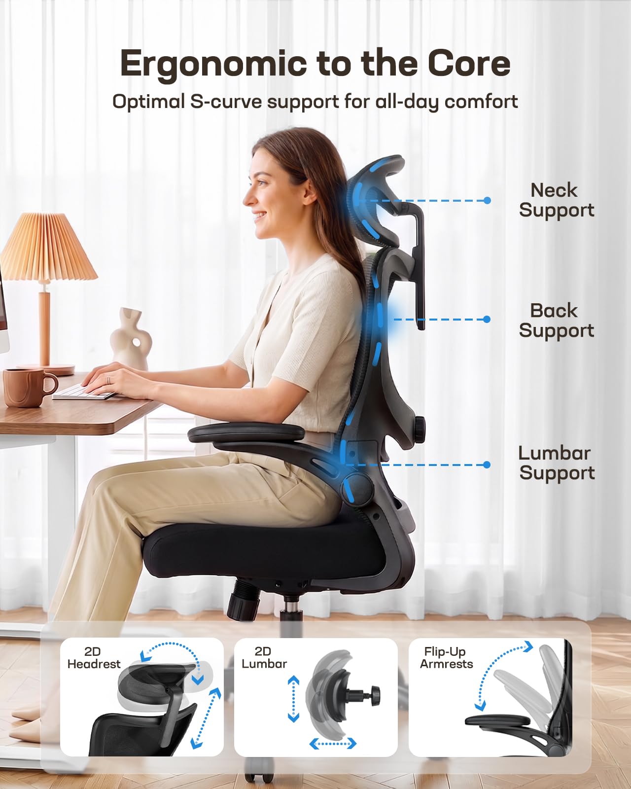 HUANUO Ergonomic Office Chair, High Back Computer Desk Chair with Adjustable Lumbar Support and Headrest, Comfy Gaming Chair with 3D Armrests, Home Office Rolling Chair, Max Load 300 lbs