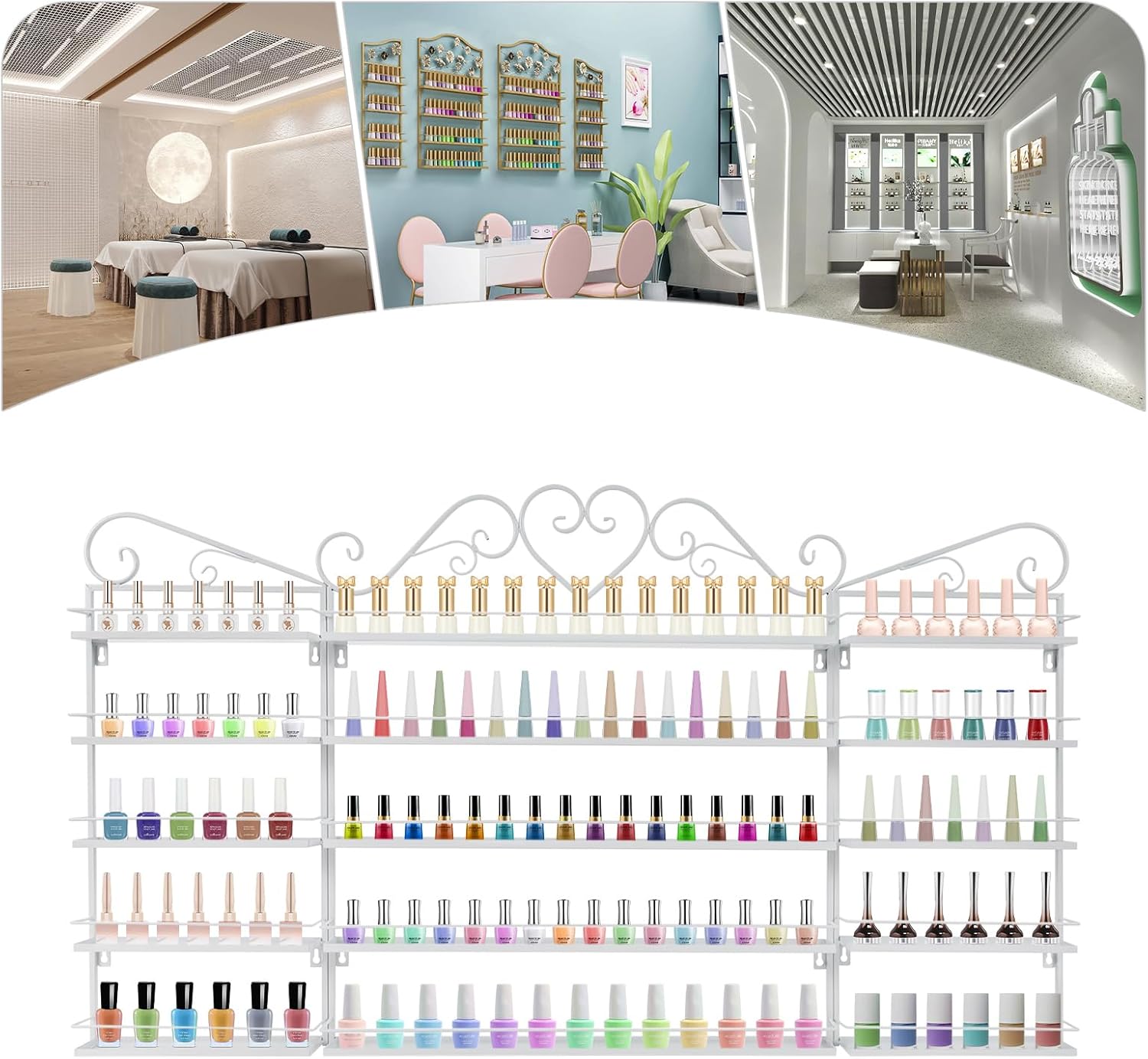 5 Tiers Wall-Mounted Nail Polish Storage Racks Metal Nail Polish Holder Cosmetic Display Case Lipstick Perfume Wall-Mounted Shelf for Home Spa Nail Salon Shop