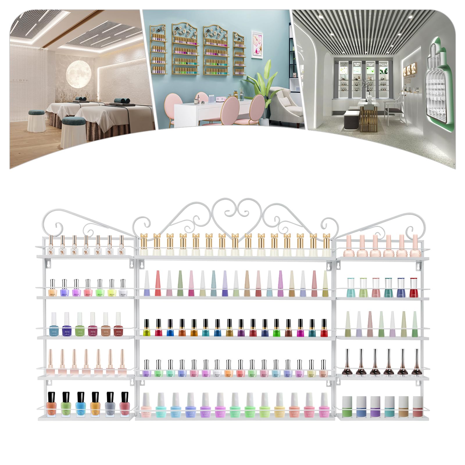 Étagère murale à 5 niveaux en métal à 3 niveaux pour vernis à ongles, avec bandes de protection, organiseur de coiffeuse pour rouges à lèvres, parfums, pour salon de manucure, chambre à coucher