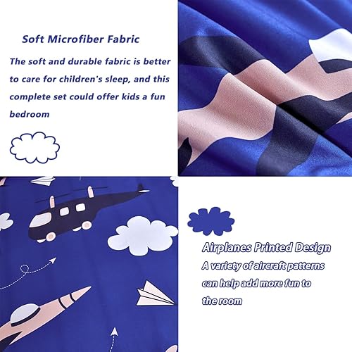 Miniatura 7 de PERFEMET Juego de edredón azul de 6 piezas para niños, cama en una bolsa, tamaño matrimonial, con mosca, aeronaves, nubes, para niños, adolescentes,