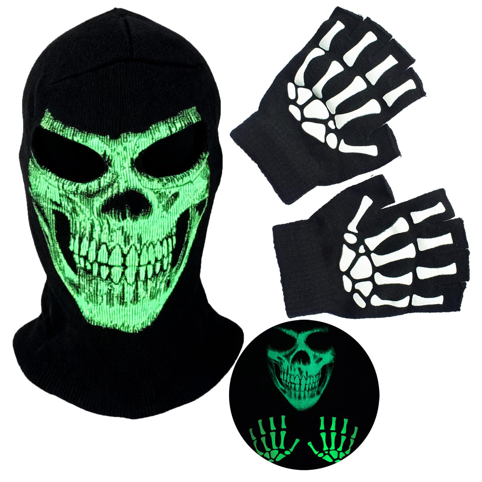 SGHE Skeleton Skull Halloween Balaclava Cap Face Mask With Gloves Glow in The Dark for Gift Game Cosplay Costume Cycling Outdoor Sporting Camping Hiking Warm