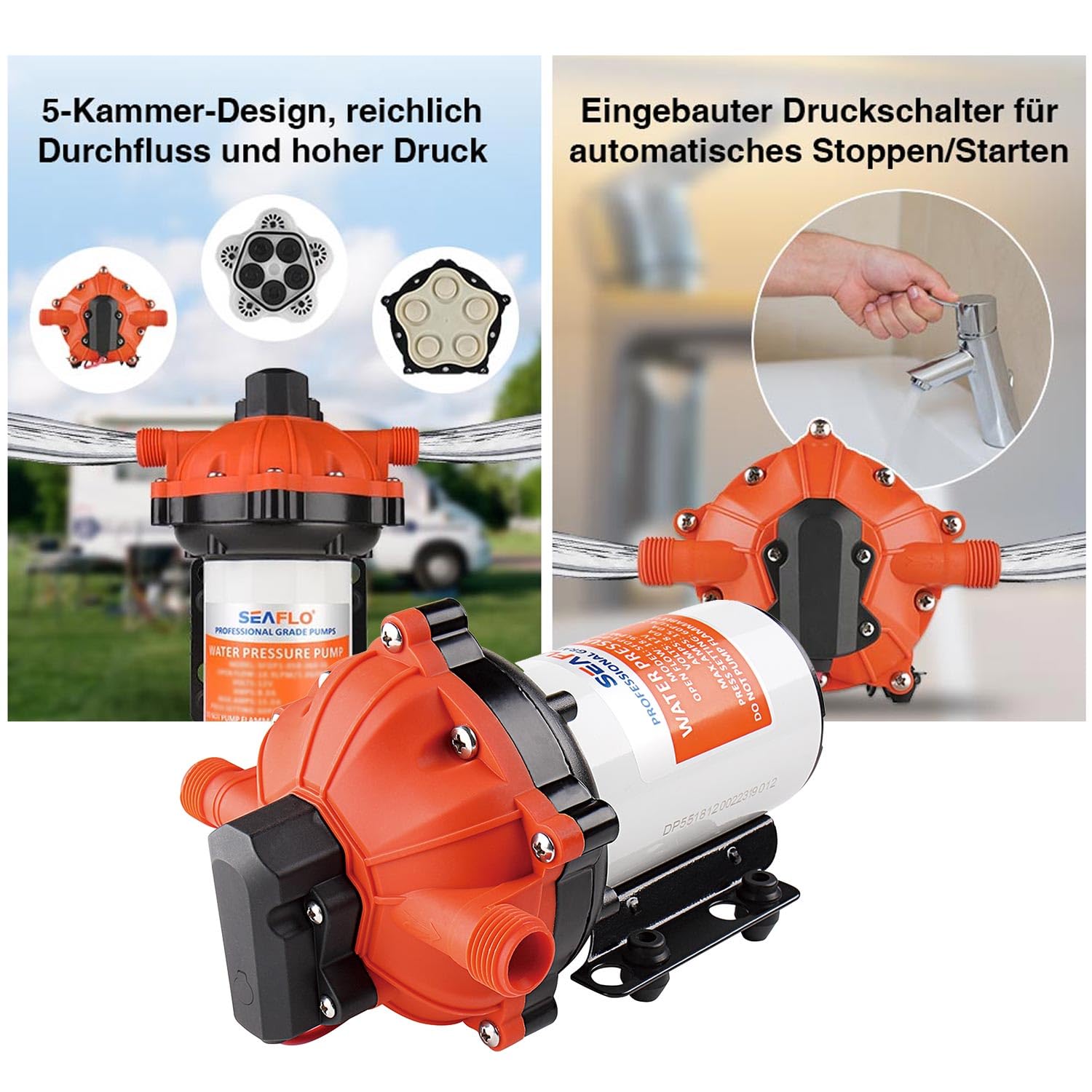Lighteu®, Seaflo DC 24V 18,9 l/min 4,2 bar 55S Pompa ad acqua a membrana autoadescante ad alte prestazioni con bypass a richiesta per camper SFDP2-050-060-55