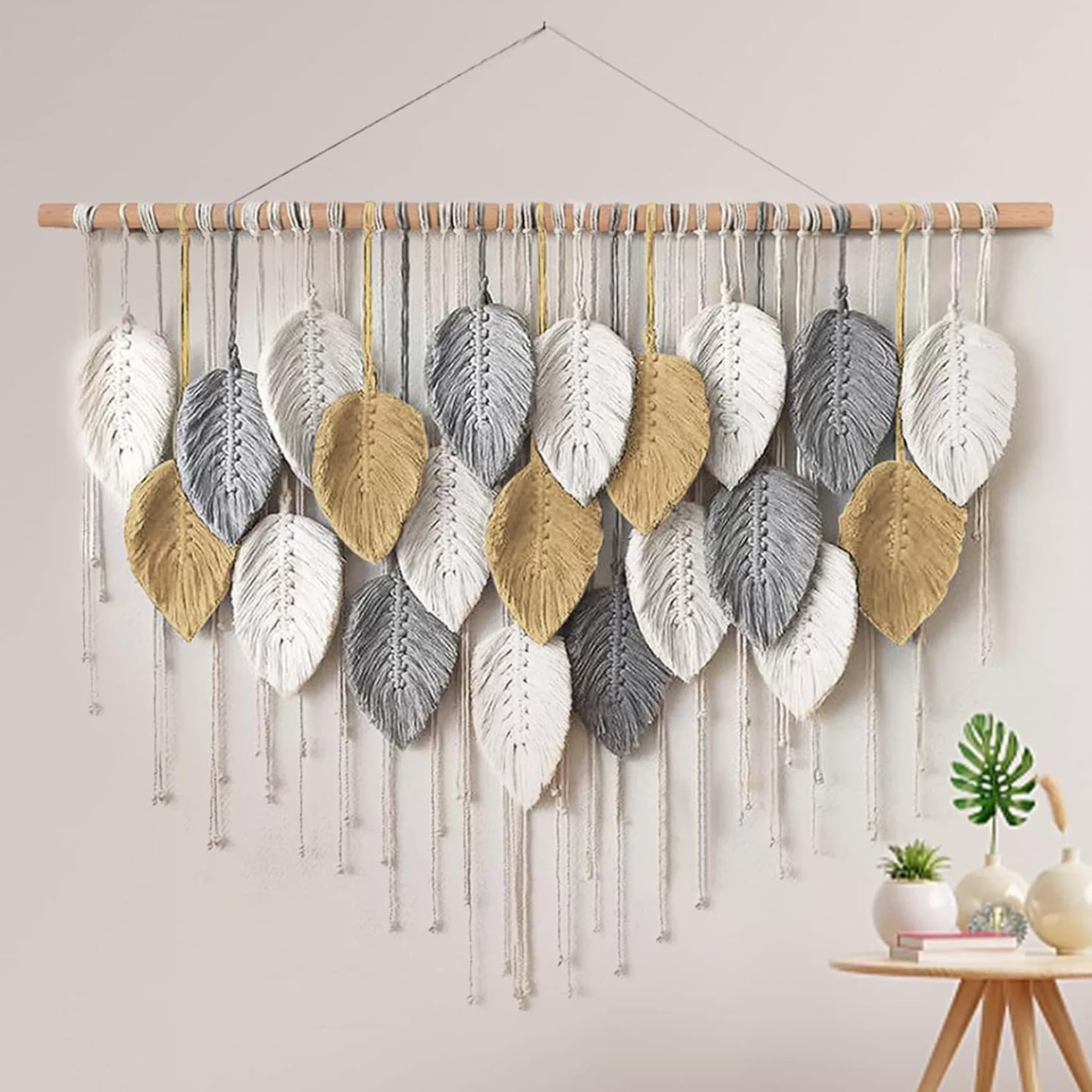 Muzrunq Hanging de pared de Macrame, tapiz de pared de hojas tejidas bohemias, decoración del hogar para dormitorio, sala de estar, apartamento, dormitorio, galería, perfecto para regalos.
