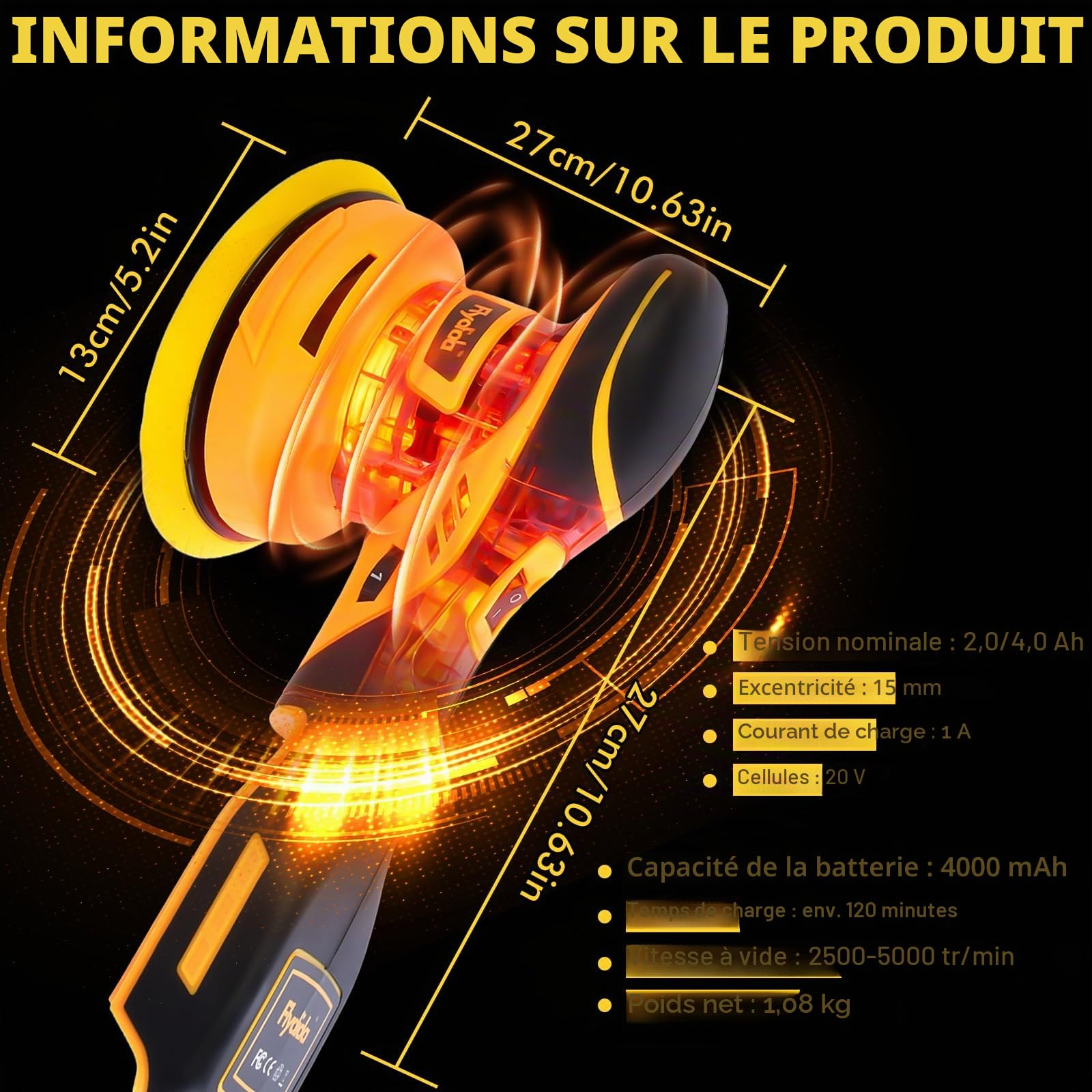 Polisseuse sans fil pour voiture avec 1 batterie de 20 V 4000 mAh, 6 vitesses variables, 2500-5000 tr/min, kit de polissage de 20 pièces pour l'entretien des détails de la voiture et l'élimination des