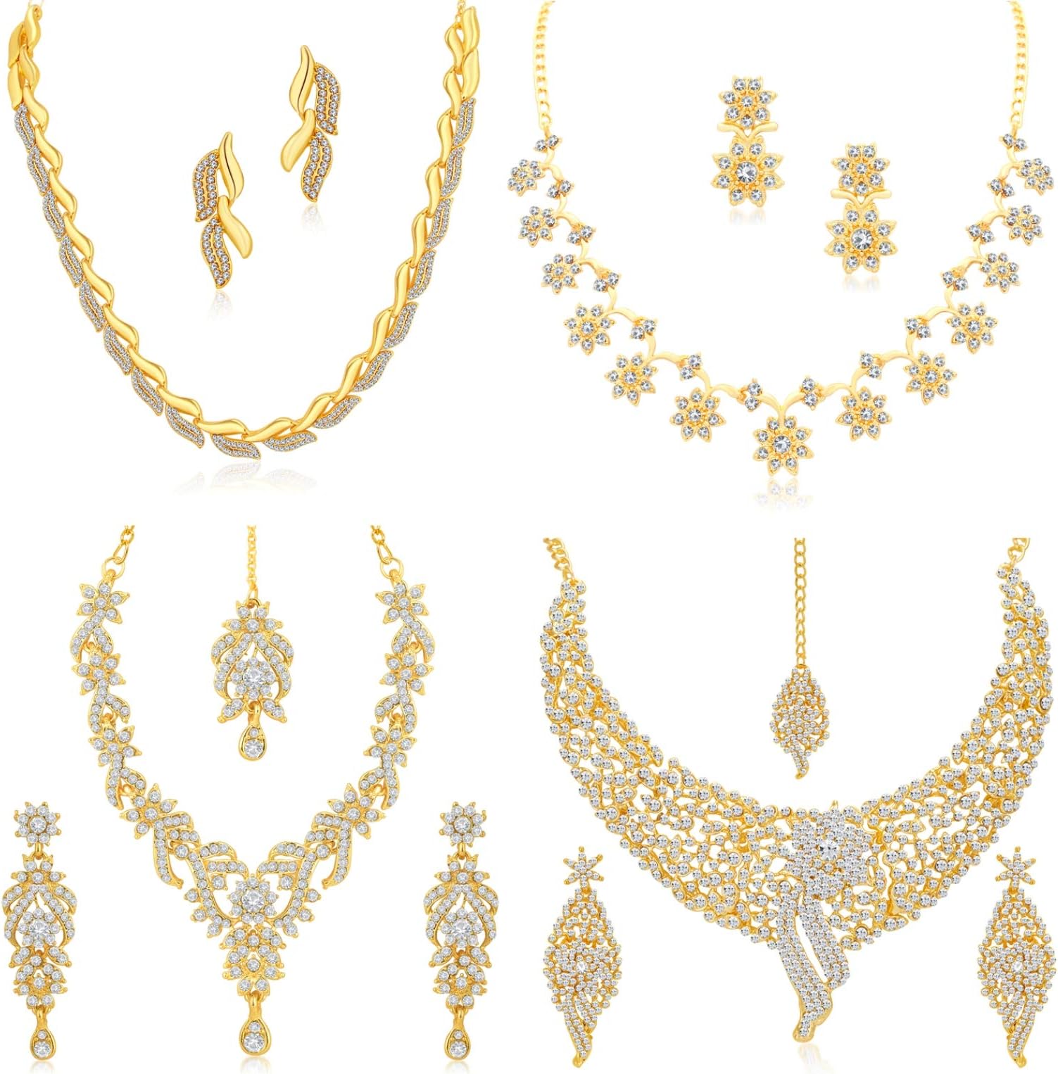Sparkling Gold Plated Wedding Jewellery Austrian Diamond Set of 4 Necklace Combo for Women (SKR48715)