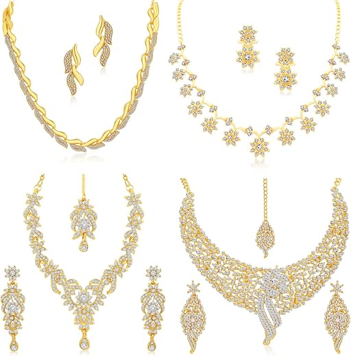 Sukkhi Sparkling Gold Plated Wedding Jewellery Austrian Diamond Set of 4 Necklace Combo for Women (SKR48715)