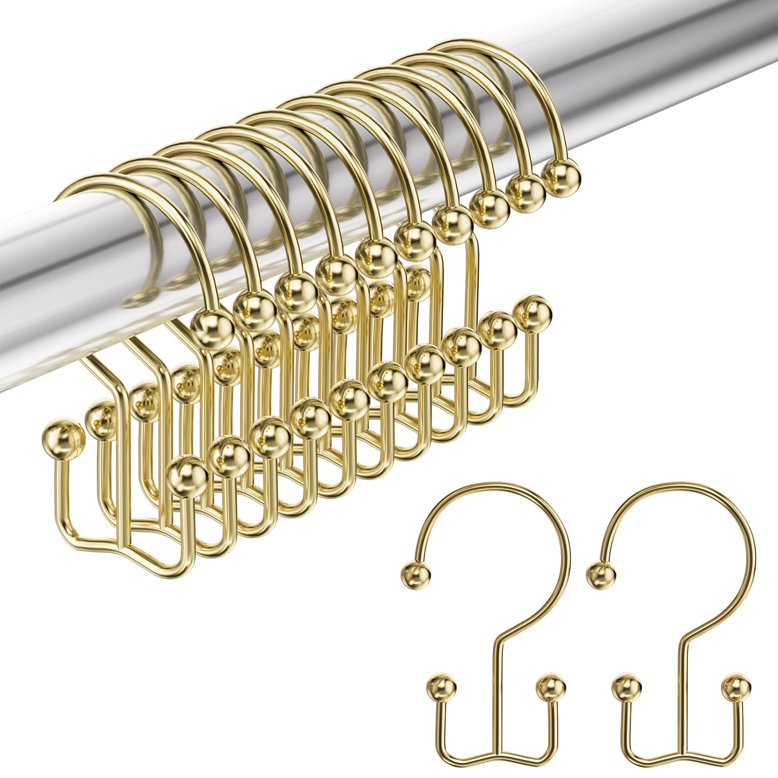 Amazer Shower Curtain Hooks Gold Shower Curtain Rings, Double Shower Curtain Hooks Rust Proof Stainless Steel Shower Curain Hangers 12Pcs, Shower Hooks for Bathroom Shower Curtain Rod