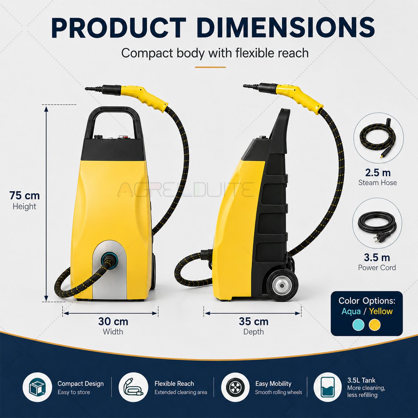 Pulitore a Vapore, 3000W, 4-5 Bar, Detailing Auto Blue | 3000W, vapore regolabile, tubo 2,5m | Auto, ruote, bocchette | Vapore forte per il detailing
