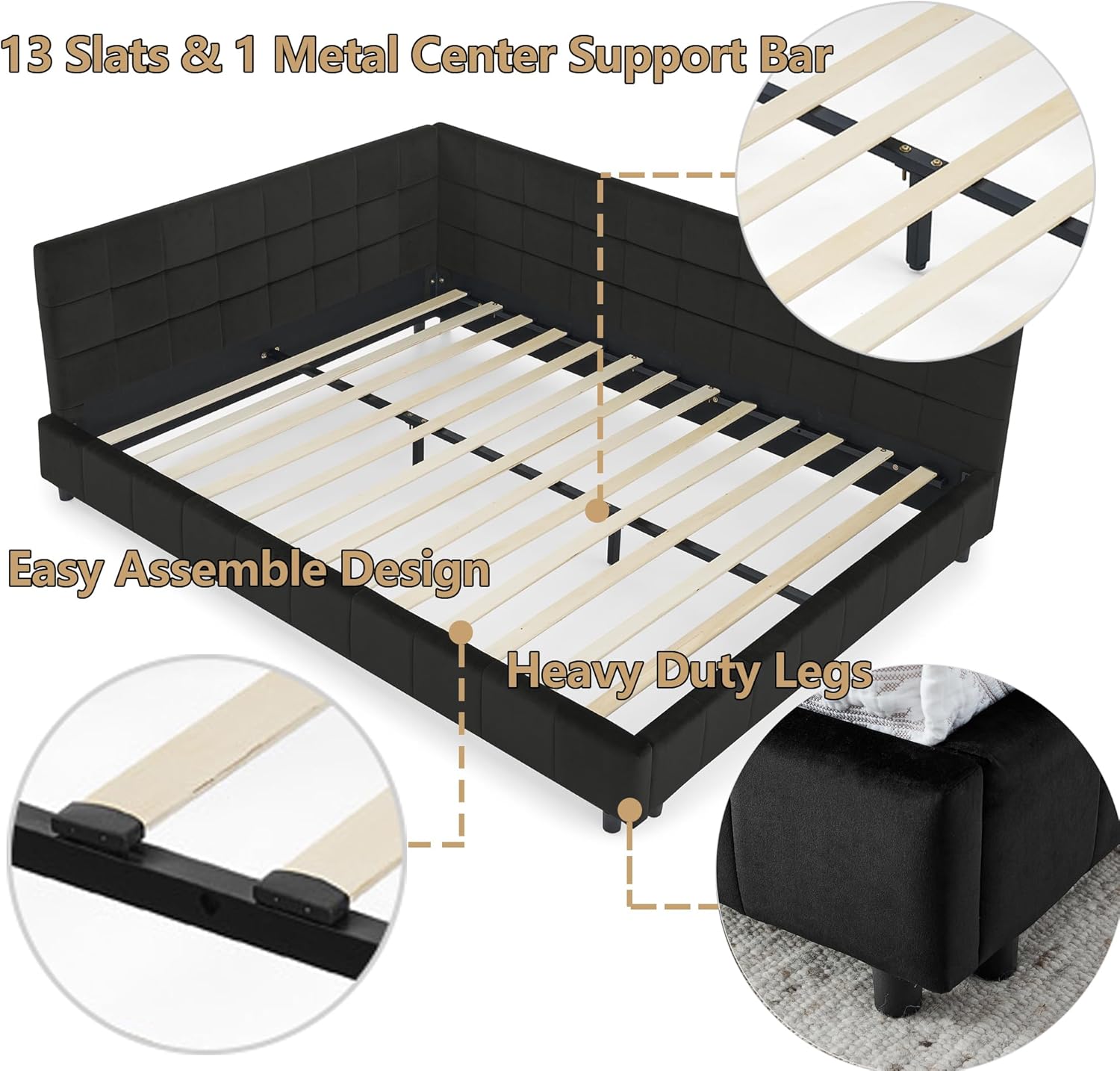 Bellemave Queen Size Corner Bed Frame with Comfortable Backrest and Armrests, Velvet Tufted Corner Bed Frame Queen Size, Upholstered Daybed for Bedroom, Living Room, Guest Room, Black