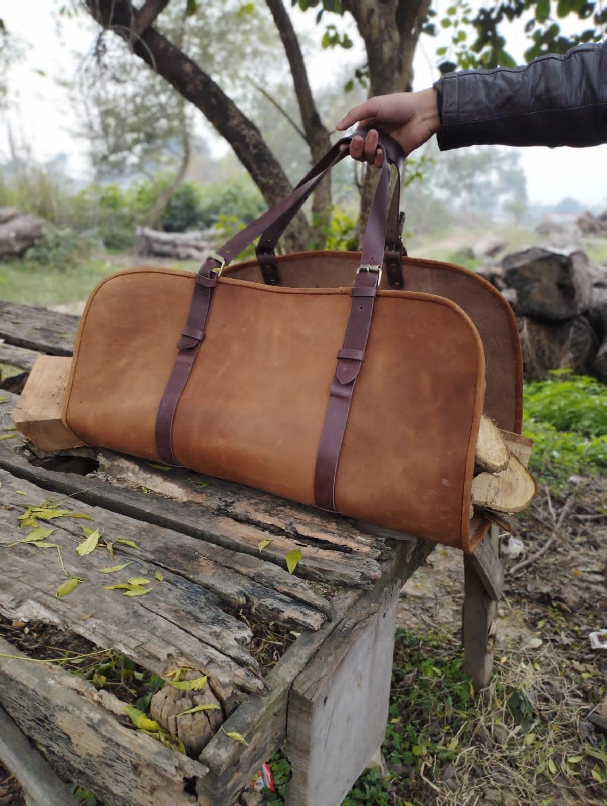 Borsa porta legna da ardere in vera pelle fatta a mano in vera pelle porta legna da ardere borsa tote bag porta legna da camino