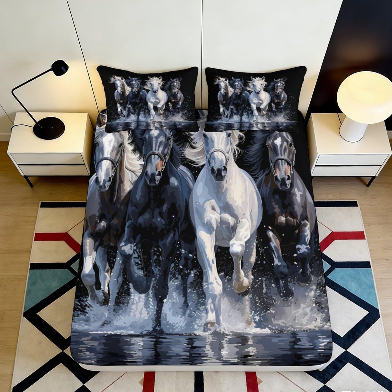 3D Printed Running Horses Fitted Sheet Microfiber Soft Breathable Galloping Horses Mattress Cover for Bedroom Dormitory Guest Room Decor Protection 120x200x25cm