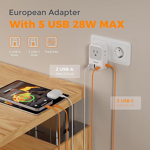 Miniatura 4 de TESSAN - Adaptador de enchufe de viaje europeo, paquete de 2, adaptador de corriente de EE. UU. a Europa con 4 salidas de CA y 3 USB, adaptador de