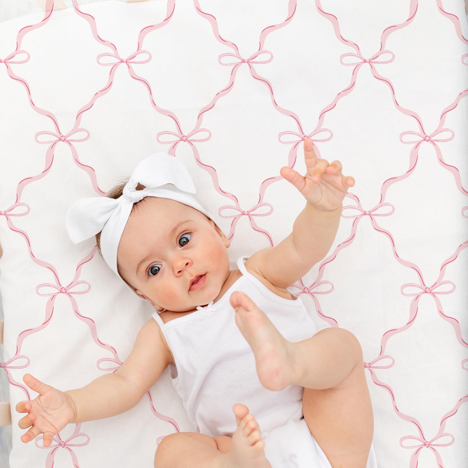 4 Pack Pink Bow Crib Sheet Set for Baby Girl, Soft Breathable Fitted Crib Sheet 28 x 52 in, Nursery Decor for Standard Crib and Toddler Bed Mattresses