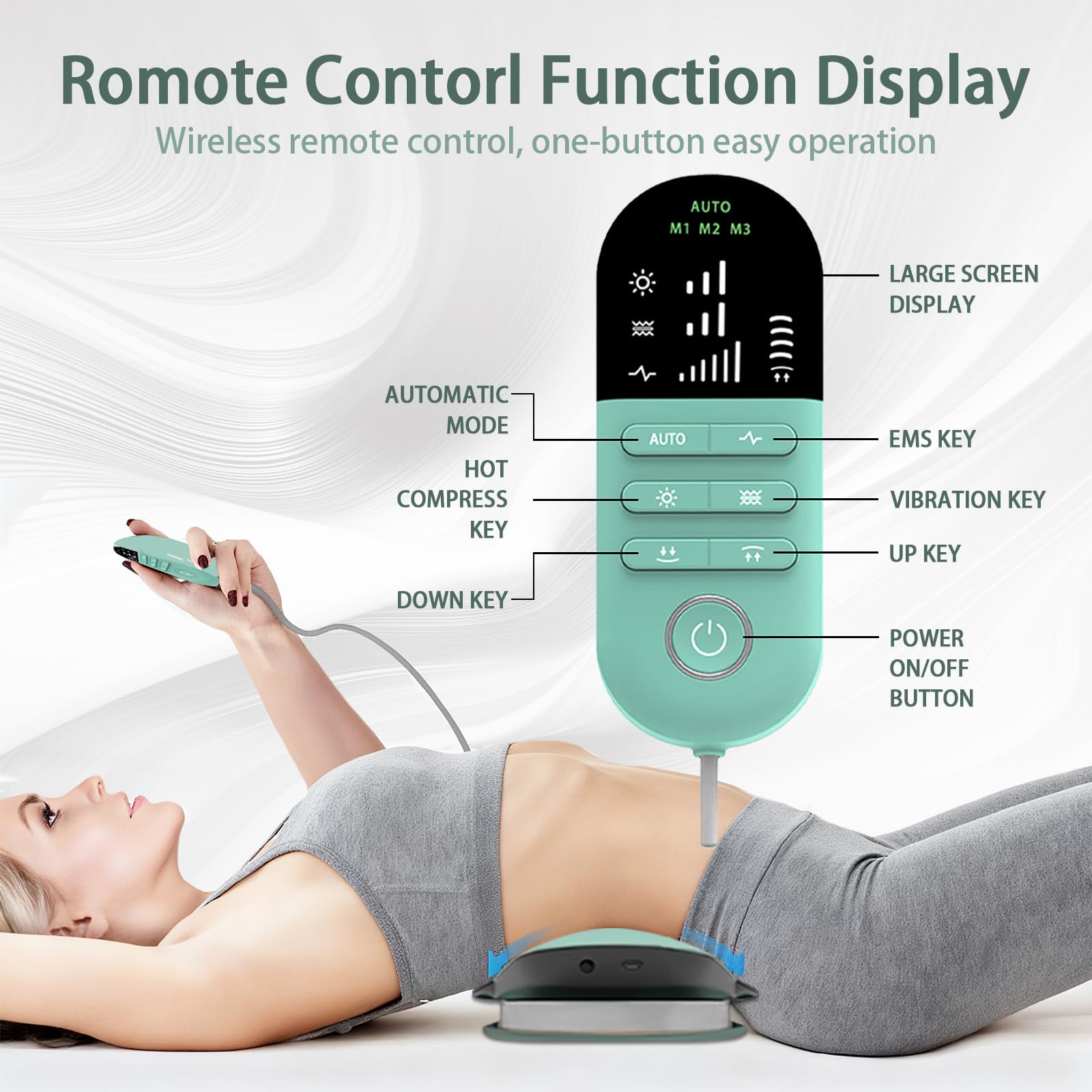 Masajeador Lumbar Eléctrico, 4 en 1 Masajeador de Espalda Inalámbrica con Tracción Airbag, Compresas Calientes, Masaje Vibratorio, Electroterapia EMS,Alivio del Dolor Lumbar