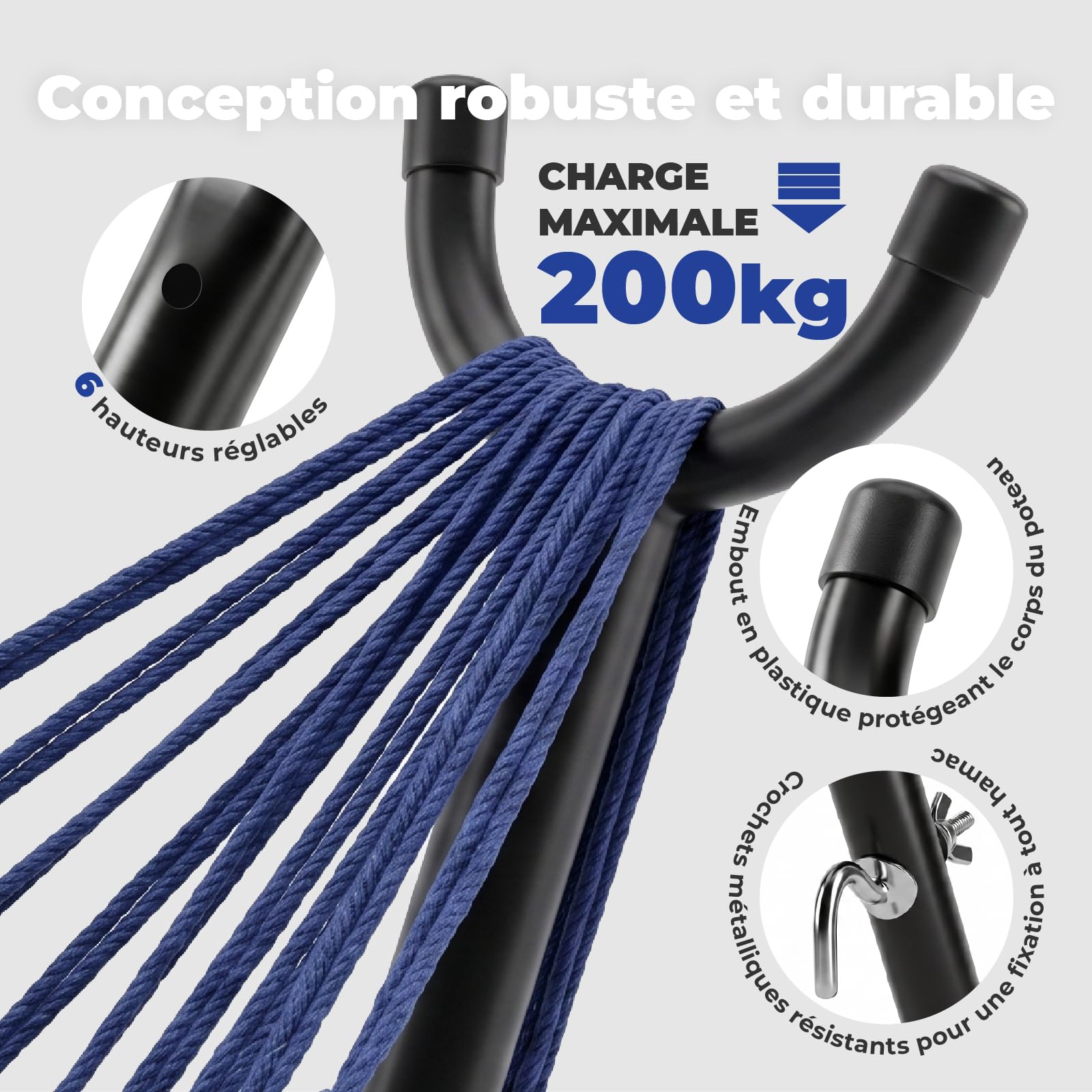 Support hamac Exterieur, Base en Tubes carrés améliorée pour Une stabilité Accrue, Hauteur réglable Il Existe 6 Niveaux de Hauteur réglables, 260L x 97B x 109H cm