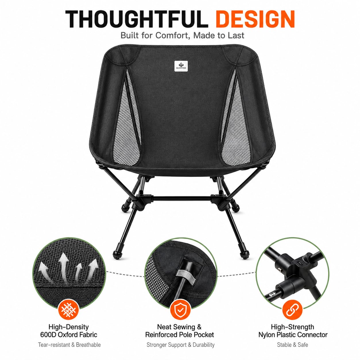 Chaise de plage pliante ultra légère et compacte avec grands pieds anti-enfoncement et sangle de soutien dorsal (noir)