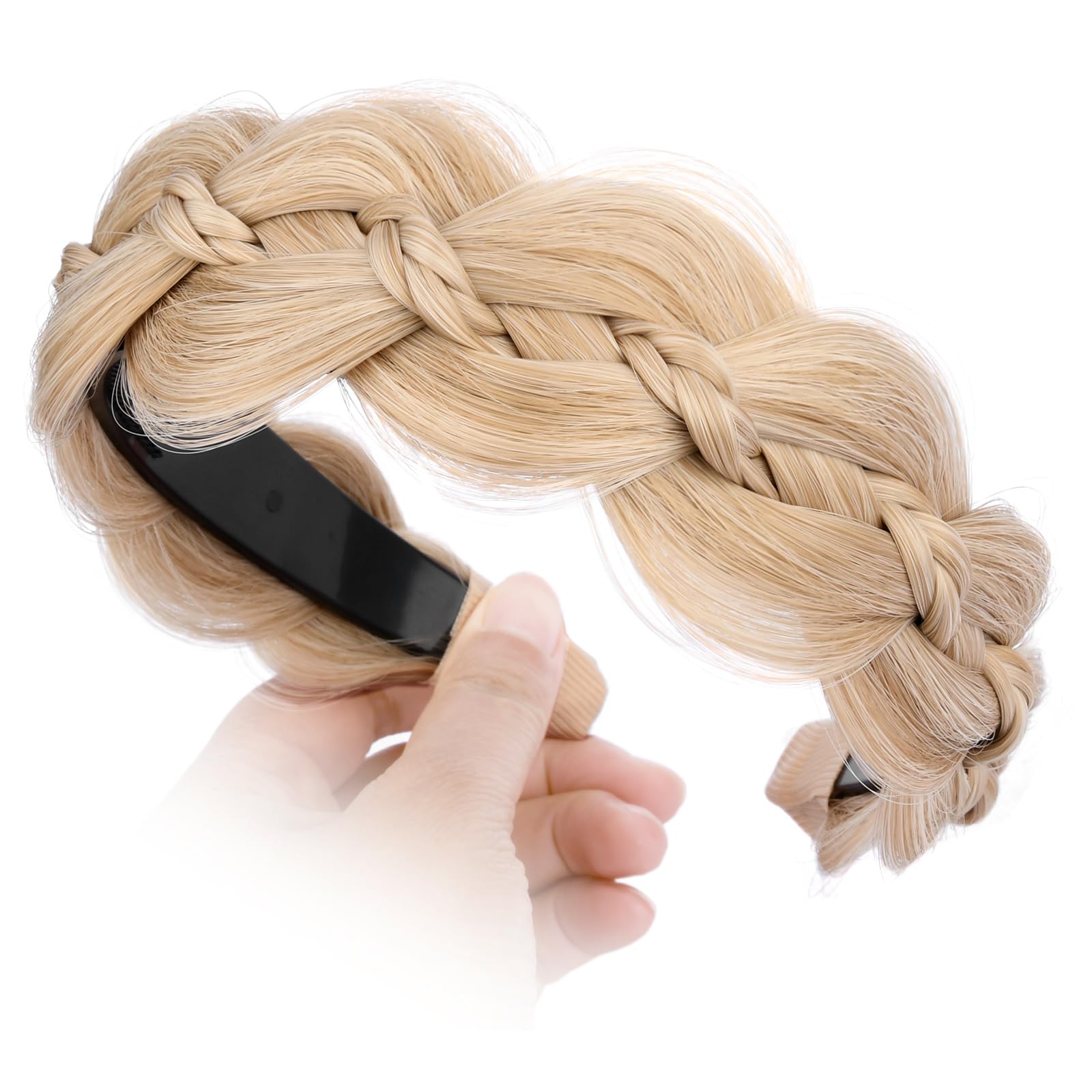 VOPPIS Wide Braided Headband with Teeth Synthetic Hair Plaited Headband Fishtail Braided Hair Band Hairpiece for Girls Women DIGUAN (Honey Blonde,