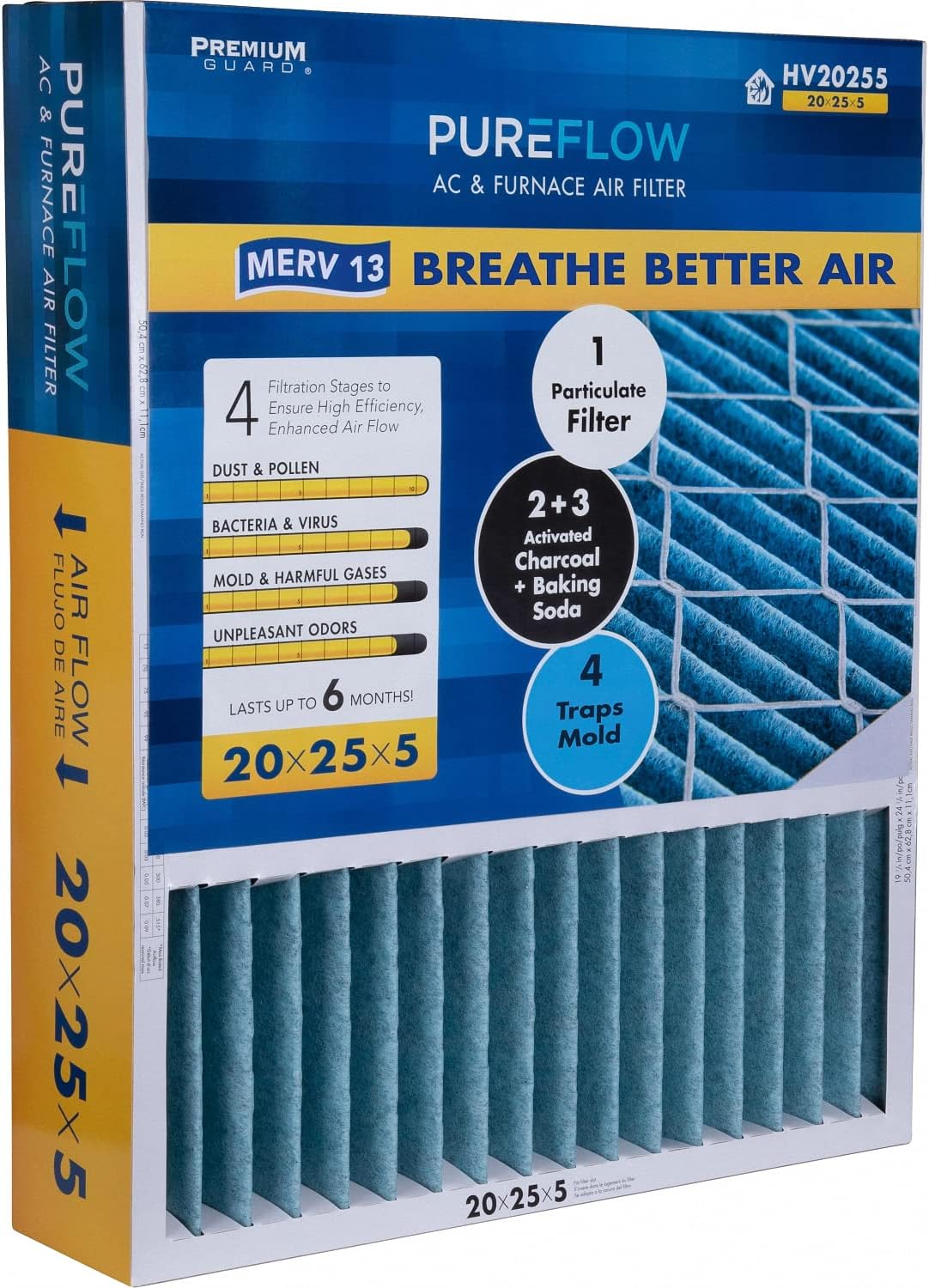 PUREFLOW Odor Control Home Air Filter MERV 13, 20x25x5 Furnace Filter, 4 Layer High Efficiency Filtration for Dust, Smoke, Fumes, Pollutants