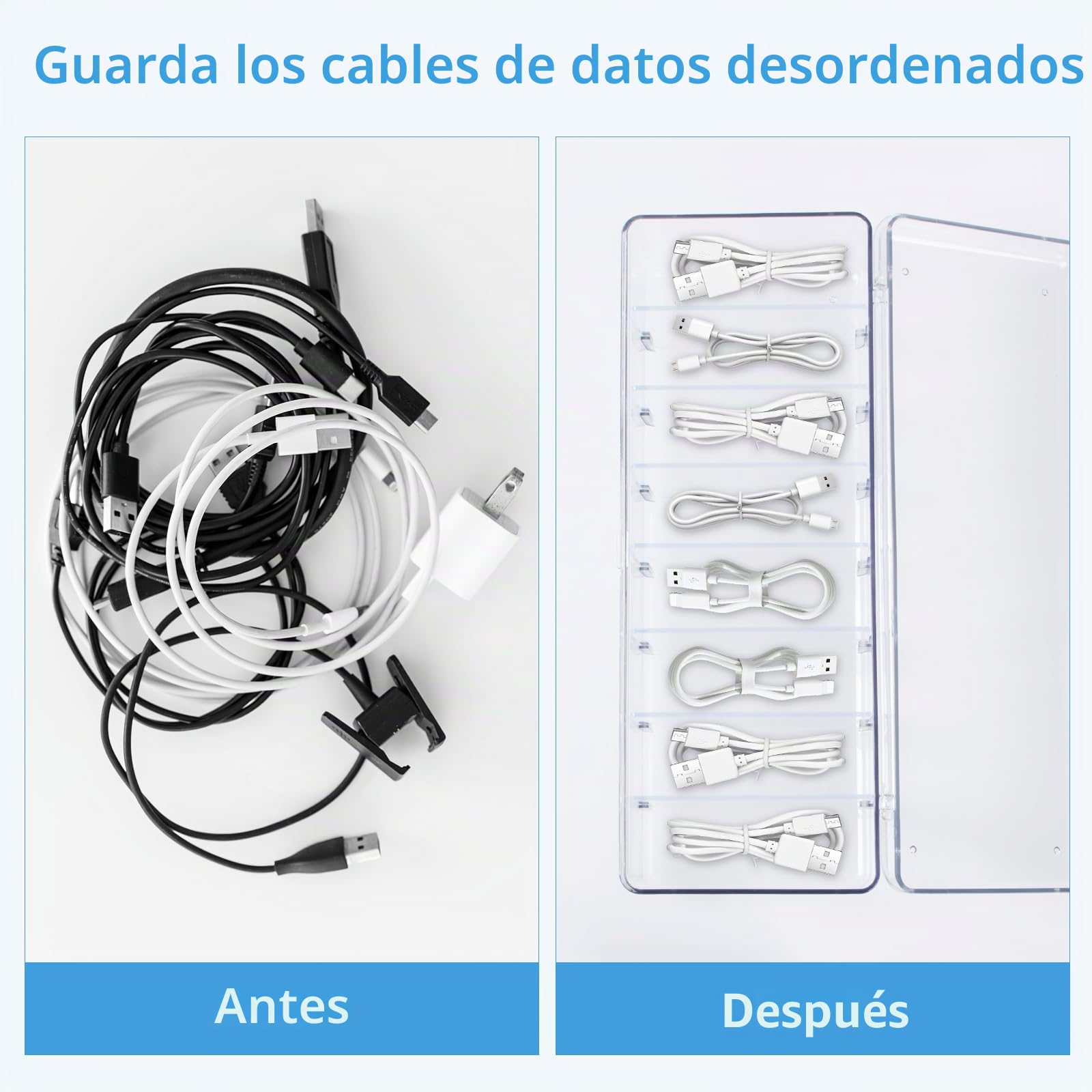 Arvok 2 Piezas Organizador de Cables con Tapa, Caja de Gestión de Cables con 8 Compartimentos Ajustables, Caja de Plástico para Almacenamiento de Escritorio, Guardar y Clasificar Cable de Carga