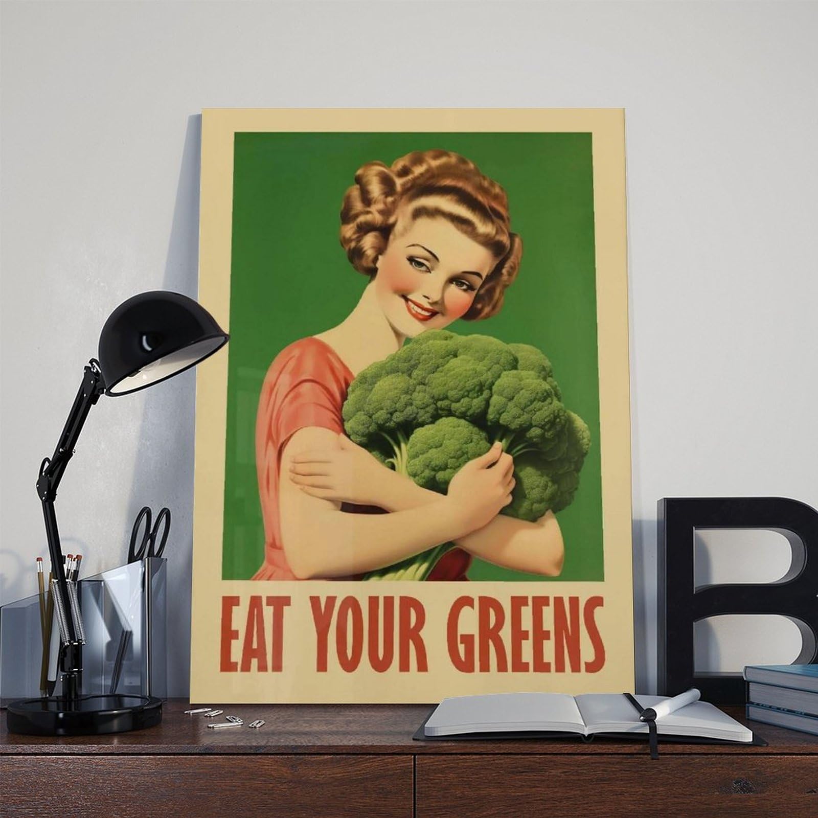 OAHFDF Leinwandposter "Eat Your Greens", Brokkoli, Vintage-Stil, Wandkunst, Dekordruck, Bild Gemälde für Wohnzimmer, Schlafzimmer, Dekoration, 50 x 75 cm