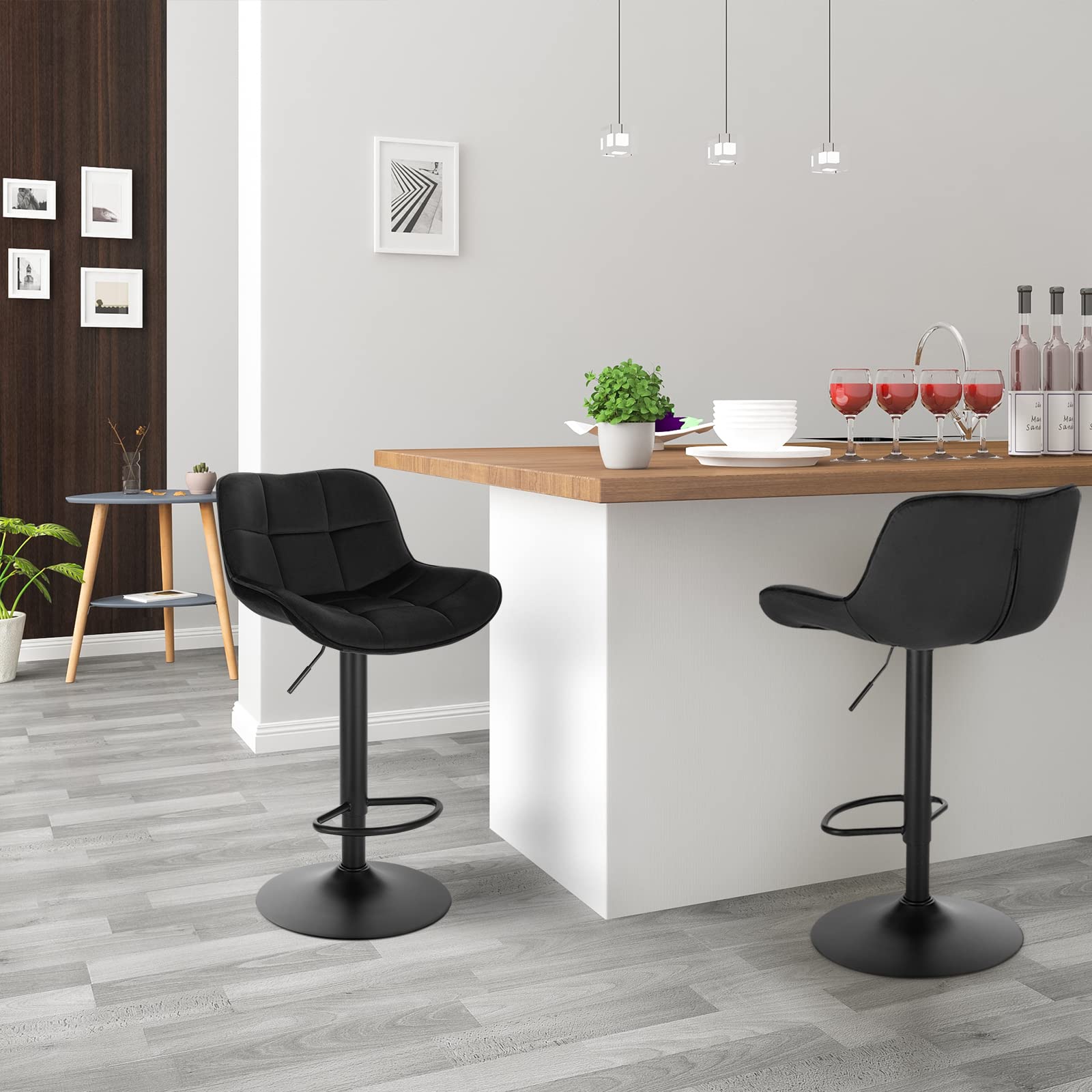 EUGAD Taburetes de Bar Giratorio con Respaldo y Reposapies, Negro | Taburetes Altura Ajustable 60-81,5 cm, para Bar y Cafetería, Terciopelo