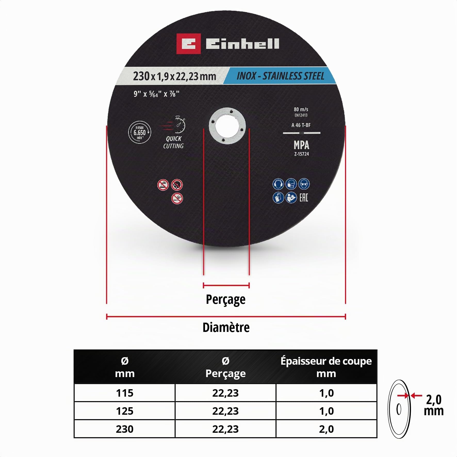 Original Einhell Disques à tronçonner pour le métal, 10 pièces, Ø 230 mm (tronçonnage rapide, traitement du métal, coupe légère, certifiés MPA, indépendants de la marque)