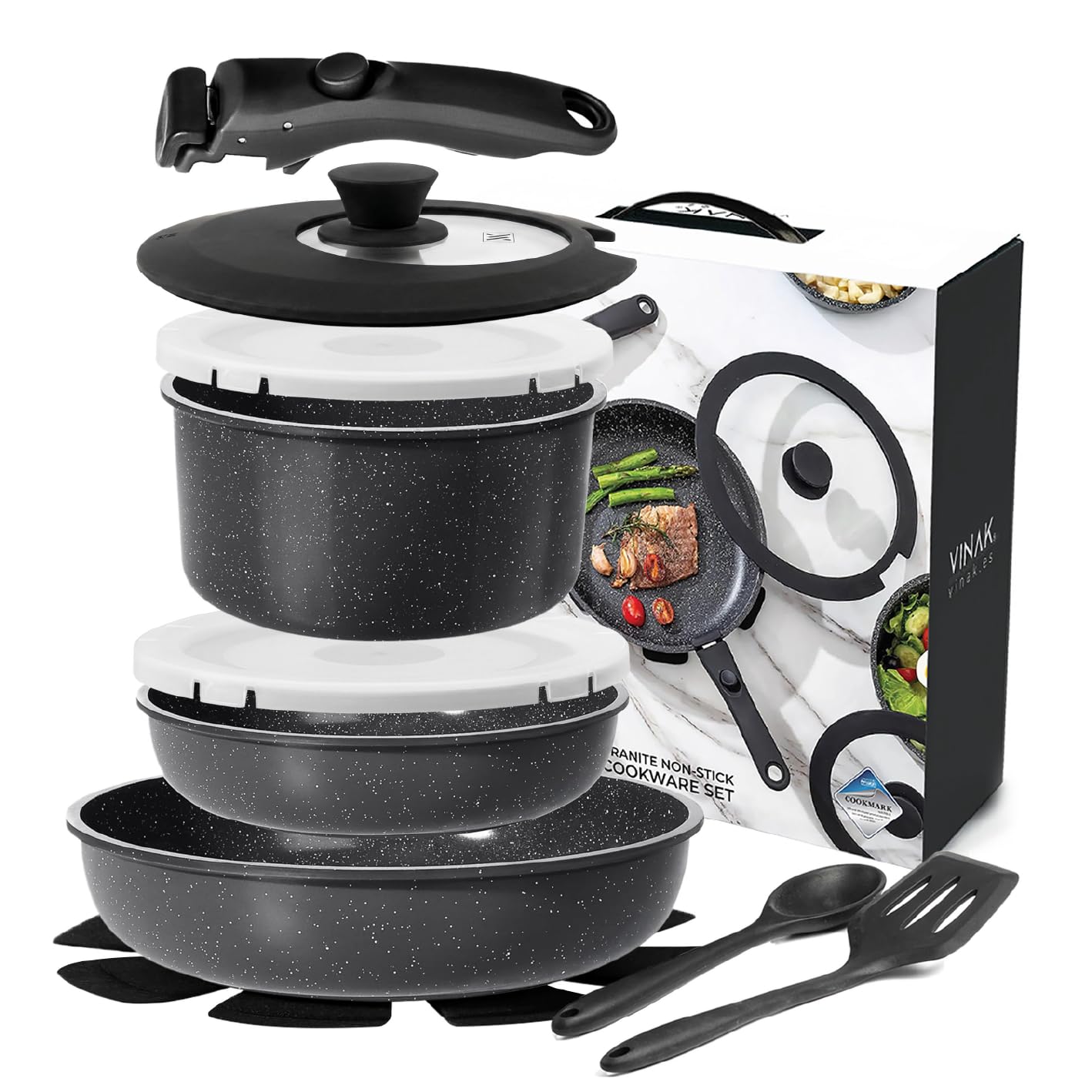 VINAK - Set de poêles avec manche amovible - Antiadhésives - 11 PIÈCES - Poêle 26 cm + 20 cm, casserole 18 cm, couvercles de rangement, ustensiles en silicone | Induction et Four | Sans PFOA/BPA
