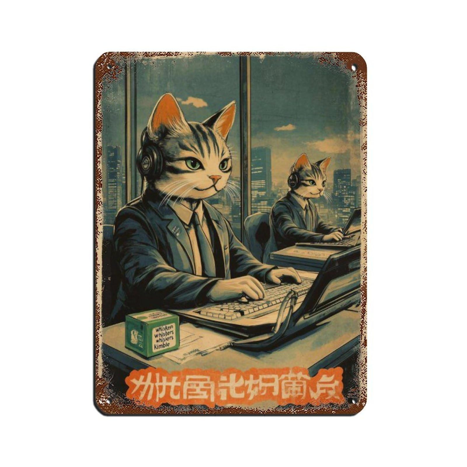 Lxwnze 30L X 40W Cm Retro Cat Office Art Poster, Retro Poster Metal Tin Sign Chic Art Retro Iron Painting Bar People Cave Cafe Family Garage Poster Wall Decoration 12X16inch(30X40cm)