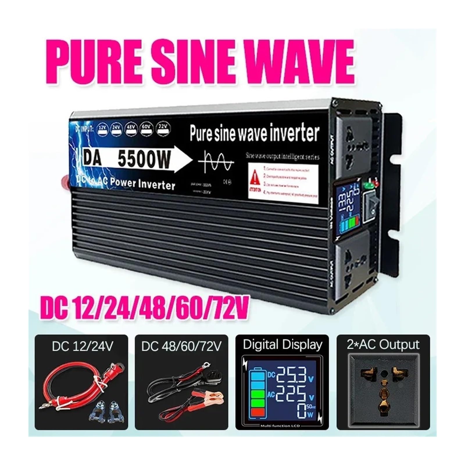 Convertidor Inversor Transformador Inversor Solar Onda Sinusoidal Pura Convertidor Voltaje CC 12/24/48/60/72 V A CA 220 V Transformador para Coche Hogar(DC 48V,50hz 220V,3500W)