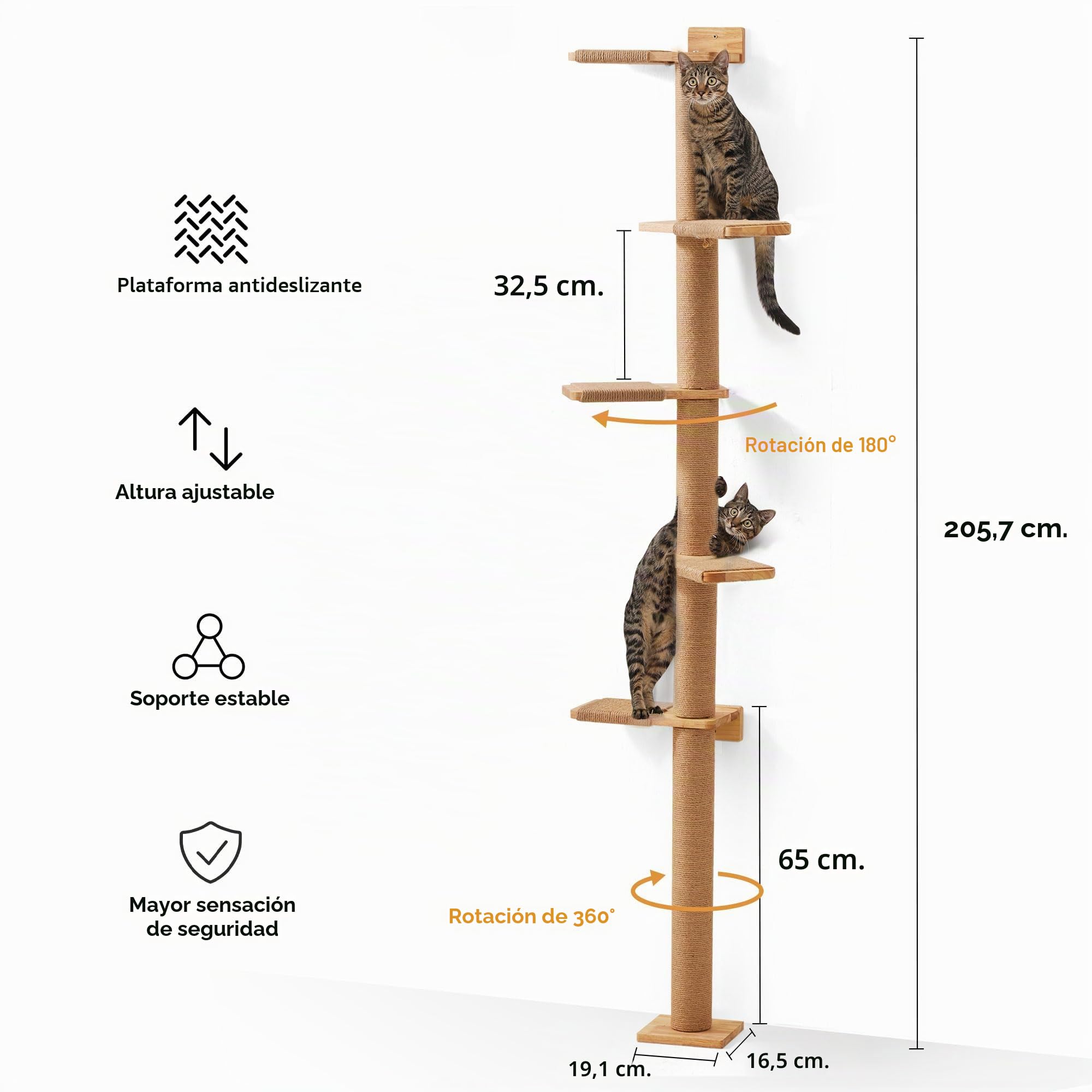 FUKUMARU Torre de 5 Niveles para Gatos 206 cm Madera de Caucho Natural Montado en Pared