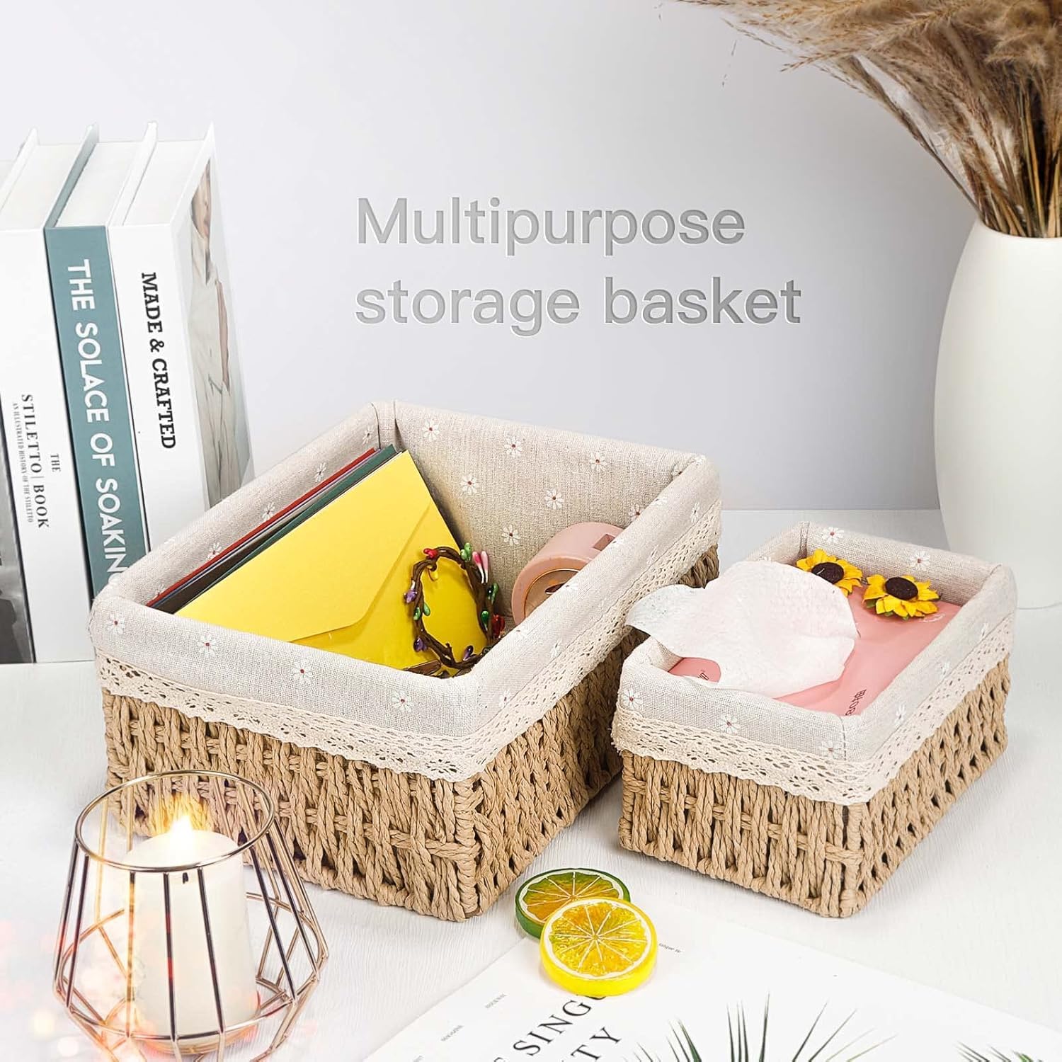 Geflochtene Aufbewahrungskörbe 3er Set für Wickeltisch & Babyzimmer – Kleine Körbchen Organizer aus Papierseil mit Stoffeinsatz für Windeln, Kosmetik, Badezimmer & Regal (Landhaus Blumen)