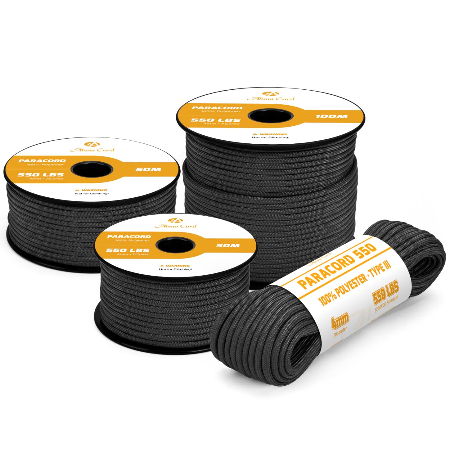 Abma Cord Paracorde 4mm 30m Type 3 Corde Paracorde 550 7 Brins pour Survie, Extrieur, Bracelet, l'artisanat - Max. 250 kg - Noir