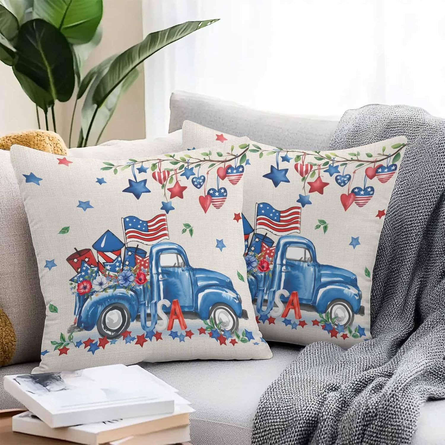 Pack of 2 Waterproof Outdoor Pillow Covers 26x26 Inch Decorative Pillow Covers American Flag Throw Pillow Covers Independence Day Star Truck Burlap Bottom Outdoor Cushion Covers for Couch, Patio, Tent