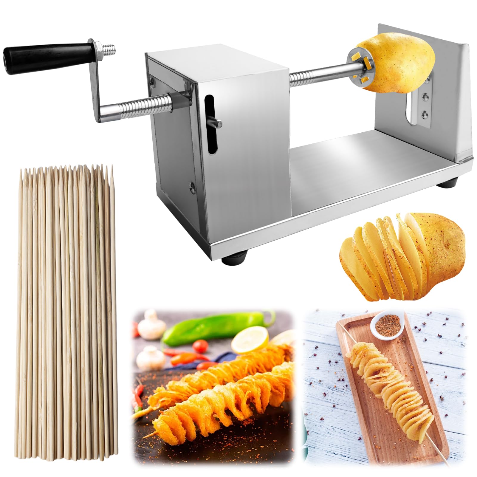 GBKDQQ Affettatrice a spirale per patate, in acciaio inox, con 50 spiedini di bambù, per frutta, patate, chip Tornado