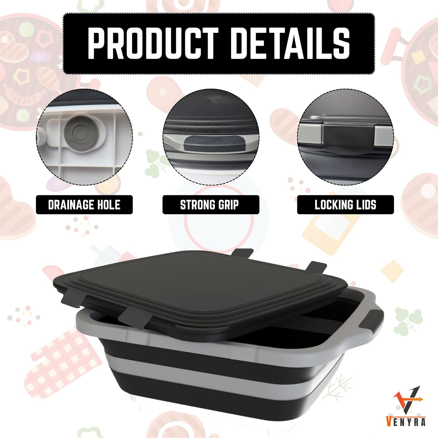 BBQ Prep Tub with Locking Lid, 2 Meat Shredder Claws Collapsible Cutting Board with 3 Adjustable Heights. BBQ Prep tub & Resting Bag, Multifunction Basin for Kitchen, Grilling, Camping & Picnics.