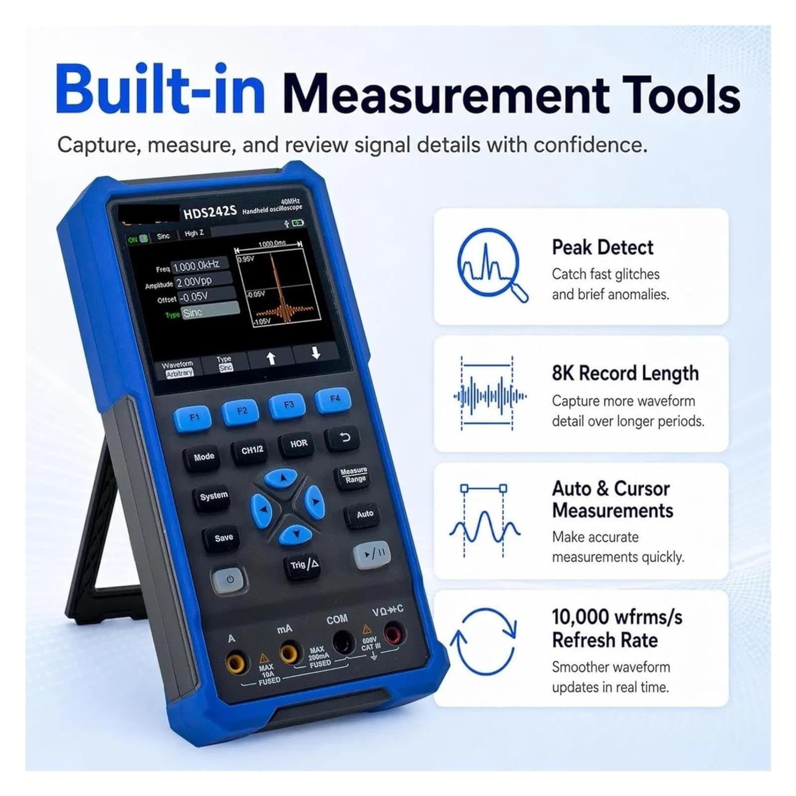 Osciloscopio digital, Osciloscopio portátil 3 en 1, multímetro generador de señal 40MHz, 2 canales, 250MSa/s, LCD a color,8