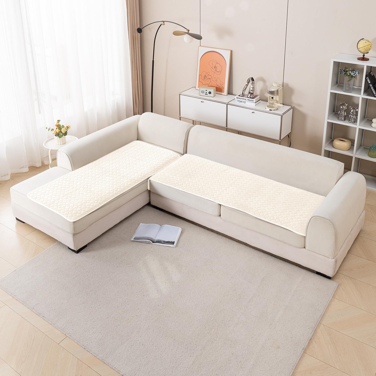 HOKIPO 'Diamond Plush' Premium Quilted L Shape (3+2 Seater) Sofa Cover Seat Mat with Anti-Slip Backing, Cream (AR-5898-CRM + AR-5900-CRM)-image-28