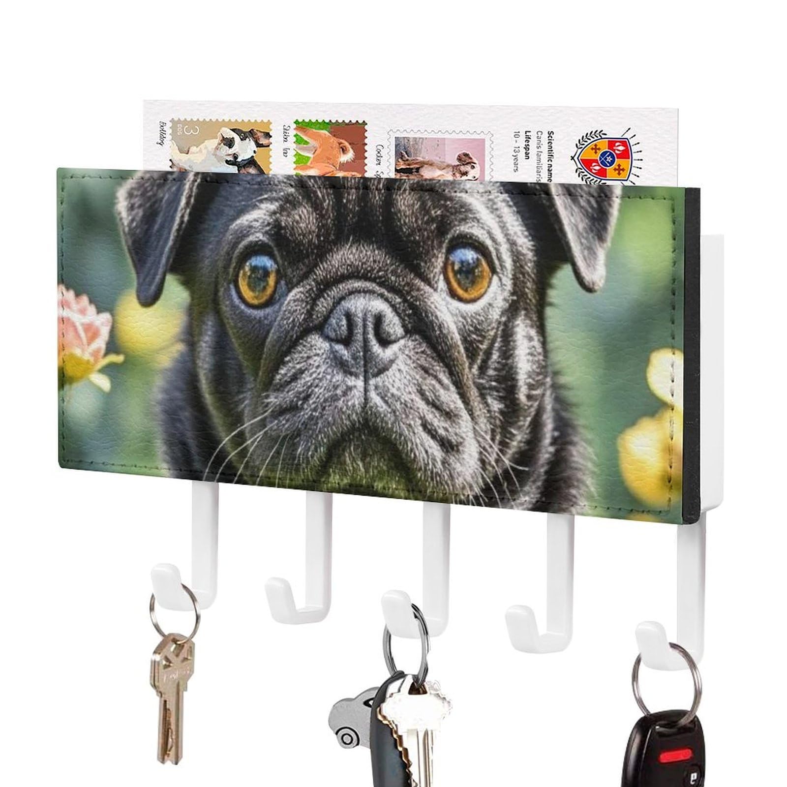 Fekiloot White-Style Cute Black Pug Dog Key Holder Wall Mount Key Hanger With 5 Hooks Decorative Key Rack Hanging Key Hooks With Mail Organizer Key Holder For Wall Living Room Kitchen Bathroom Hallway White
