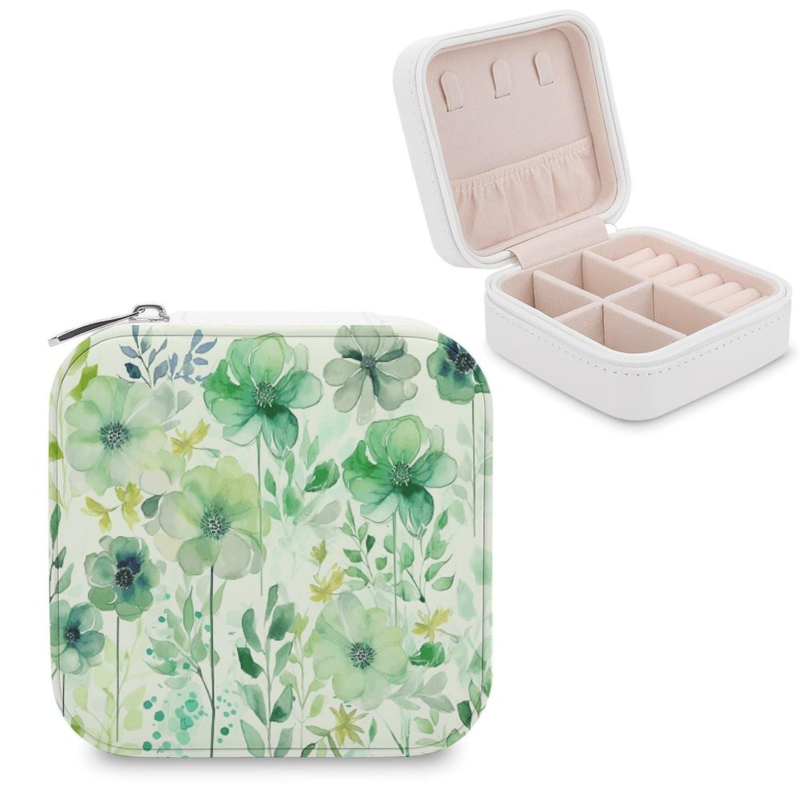 VstaDank Watercolor Green Flowers Travel Jewelry Case Zipper Portable Small Jewelry Box Custom Pu Leather Mini Traveling Jewelry Organizer for Rings Earrings Necklace Bracelet Girls Women