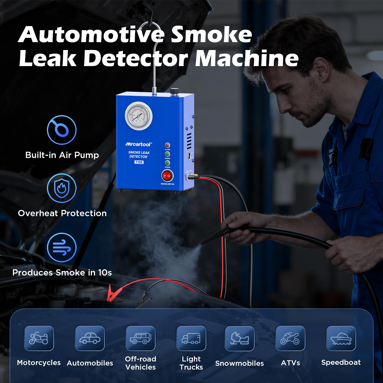 T100 Kfz Nebelmaschine Rauchmaschine Lecksuchgerat, Rauch Durchlass Detektor für Rohrsysteme, Kraftstoff Durchfluss, 12V EVAP Vakuum Diagnose Prüfgerät für alle Autos;Mit integrierter Pumpe.