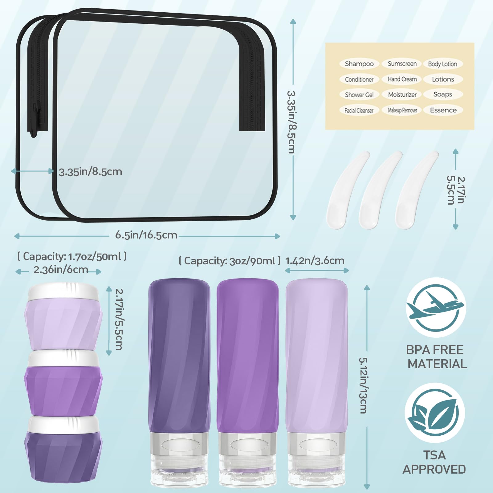 Set di 6 bottiglie da viaggio per articoli da toeletta, set di contenitori da viaggio approvati TSA, senza BPA, in silicone a prova di perdite, ricaricabili e barattoli, kit essenziale da crociera in