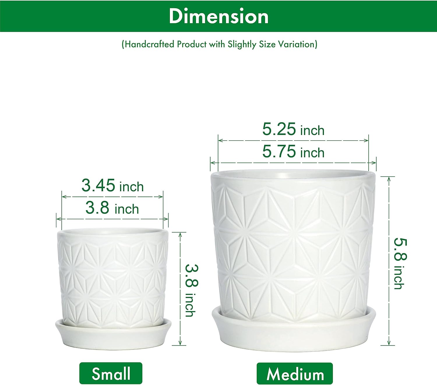 D'vine Dev Ceramic Flower Plants Pots Planter, 3.8 Inch 5.8 Inch Stoneware Planter Pot with Drainage Hole and Saucer, Set of 2, White, 99-E-1 - Image 4