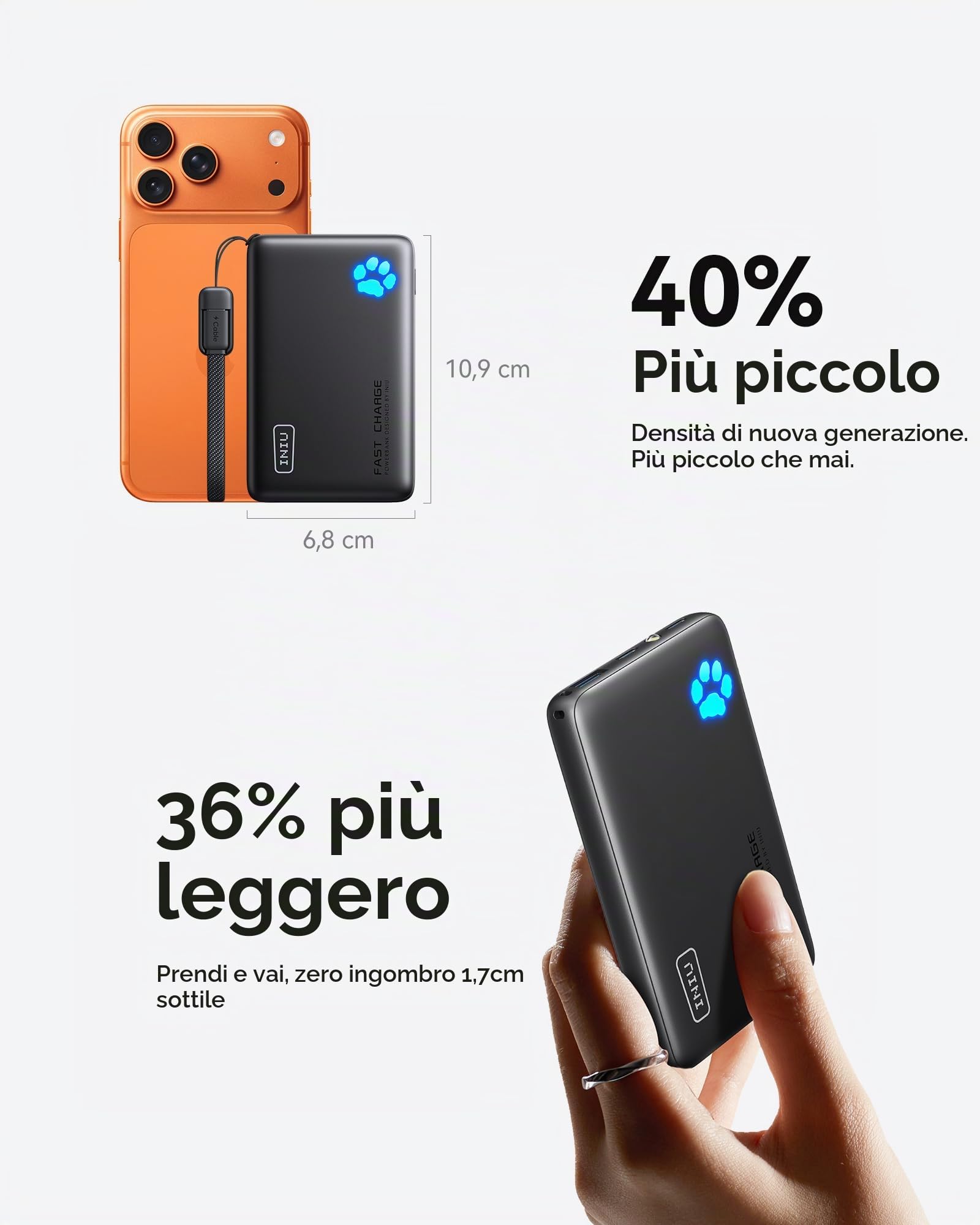 INIU Power Bank, caricabatterie portatile da 45 W PD più leggero 10000 mAh, USB C in&Out ricarica rapida, powerbank per telefono cellulare compatibile con iPhone 16 15 14 13 12 Samsung S22 S21 Google