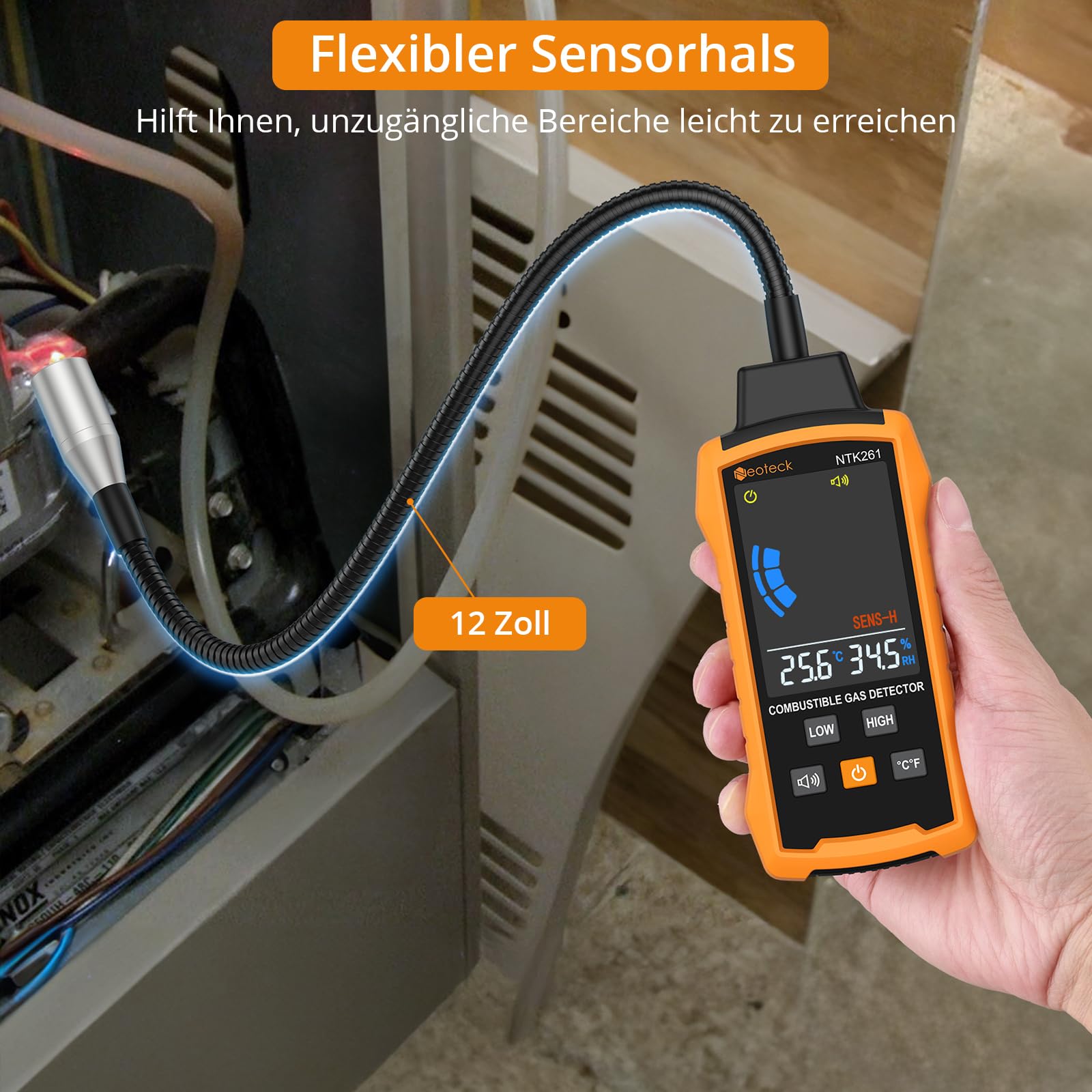 Neoteck Erdgasdetektor Gasleckdetektor mit 12" Schwanenhals Detektor für brennbare Gase mit akustischem und optischem Alarmtest Methan, Propan, Benzin, CO, Erdgas für Gaspipelines Gasherd Wohnmobil
