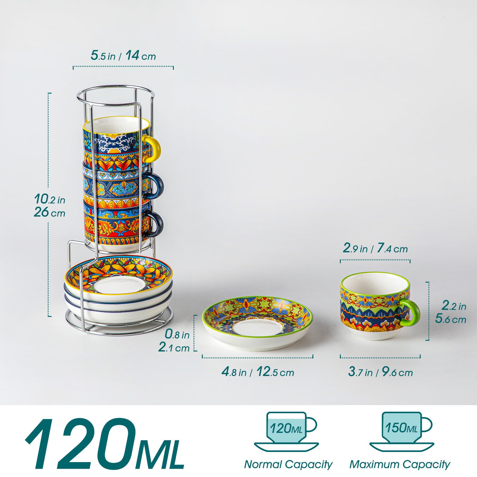 vancasso Tazzine da Cappuccino Set da 4, 150 ml Tazze da Caffè con Piattini e Supporto Metallico, Impilabili in Ceramica Spessa, Lavabile in Lavastoviglie – Serie KRVI, Stile Bohemien Colorato