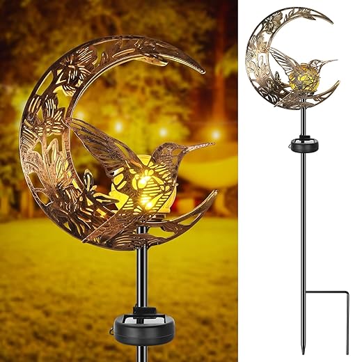 VIHOSE Solar Hummingbird Outdoor Lights Waterproof Moon Garden Stake Lights Warm White LED Decorative Pathway Lighting for Yard, Lawn, Gifts for Mom, Women & Gardening Lovers