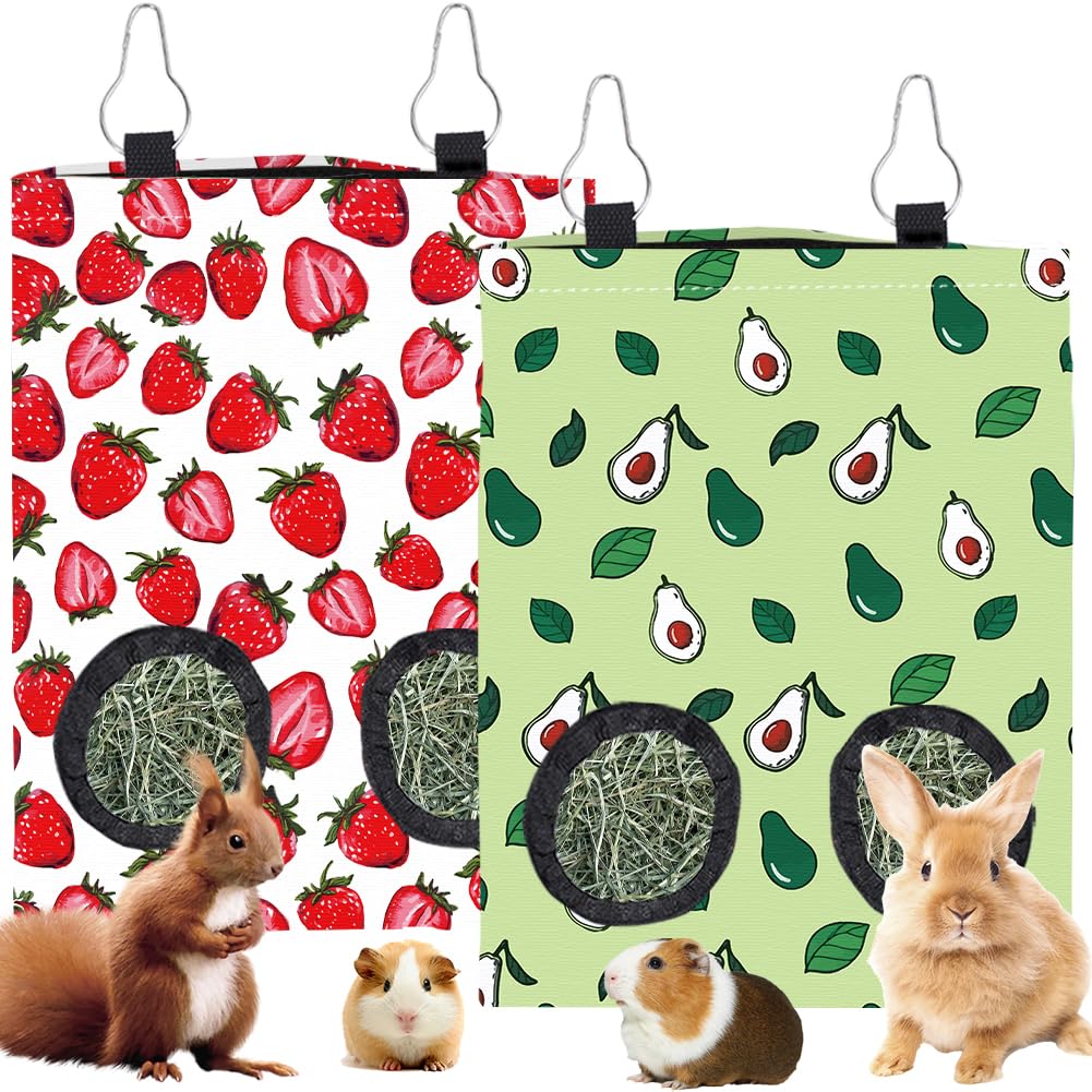 PRESSINART 2Pcs 2 Styles Strawberry Hay Feeder Bags Small Pet Hanging Hay Bag with 2 Holes Avocado Strawberry Oxford Cloth Washable Rectangle Feeding Storage for Rabbit Chinchillas Hamster 12 x 9 Inch โ image 1