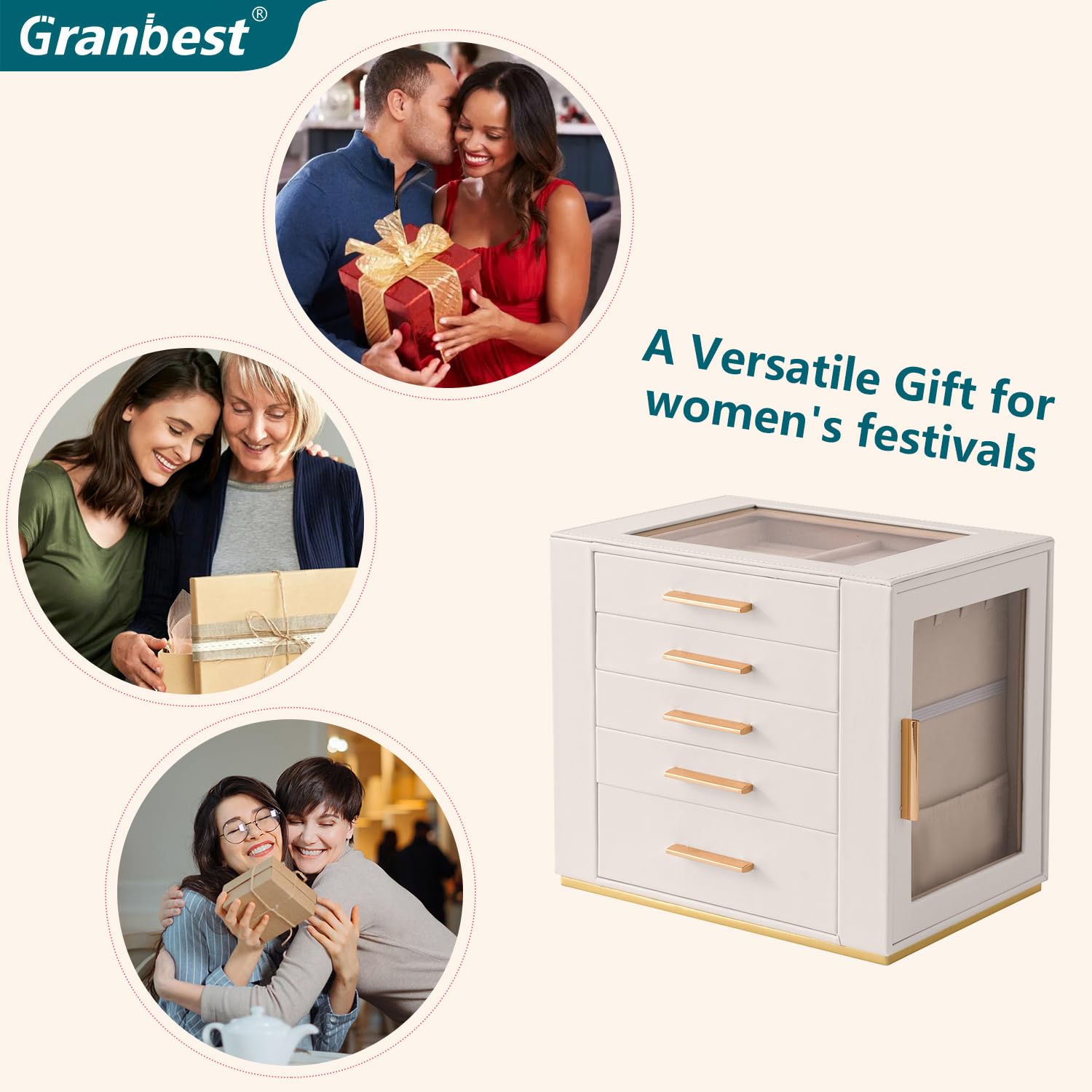 Granbest - Caja de joyería de 5 niveles con tapa de vidrio, organizador de joyas de alta capacidad con cajones y espejo, joyero de PU para collares, pendientes, anillos, pulseras (blanco)
